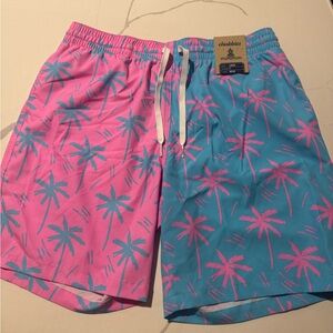 Men’s Chubbies 7 Inch L Pink Blue Palm Print Swim Bathing Suit Trunks Shorts NWT